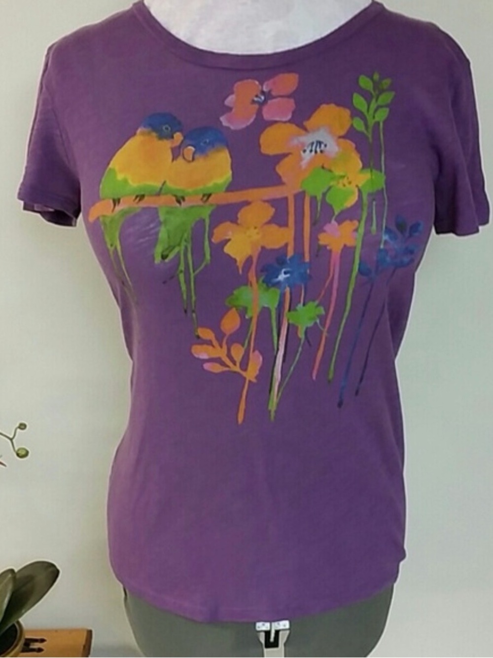 Old Navy Purple Tee with Colorful Floral & Bird Print